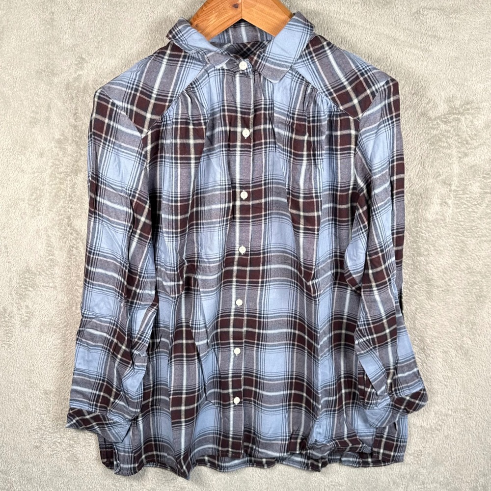 J. Jill Button Down Shirt Women XL Blue Plaid Flannel Casual Yoke Back Top